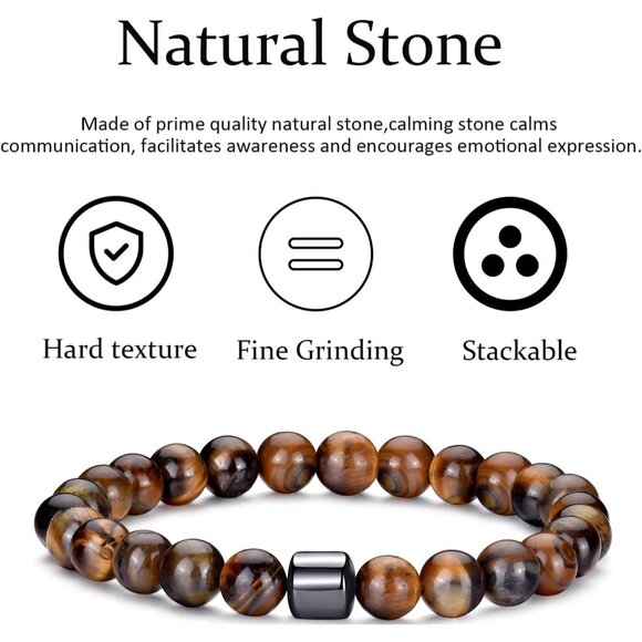 ⚡Rankeef Men 2 Lava Rock Tiger Eye 8MM Natural Stone Crystal Beaded Bracelet - Picture 6 of 7